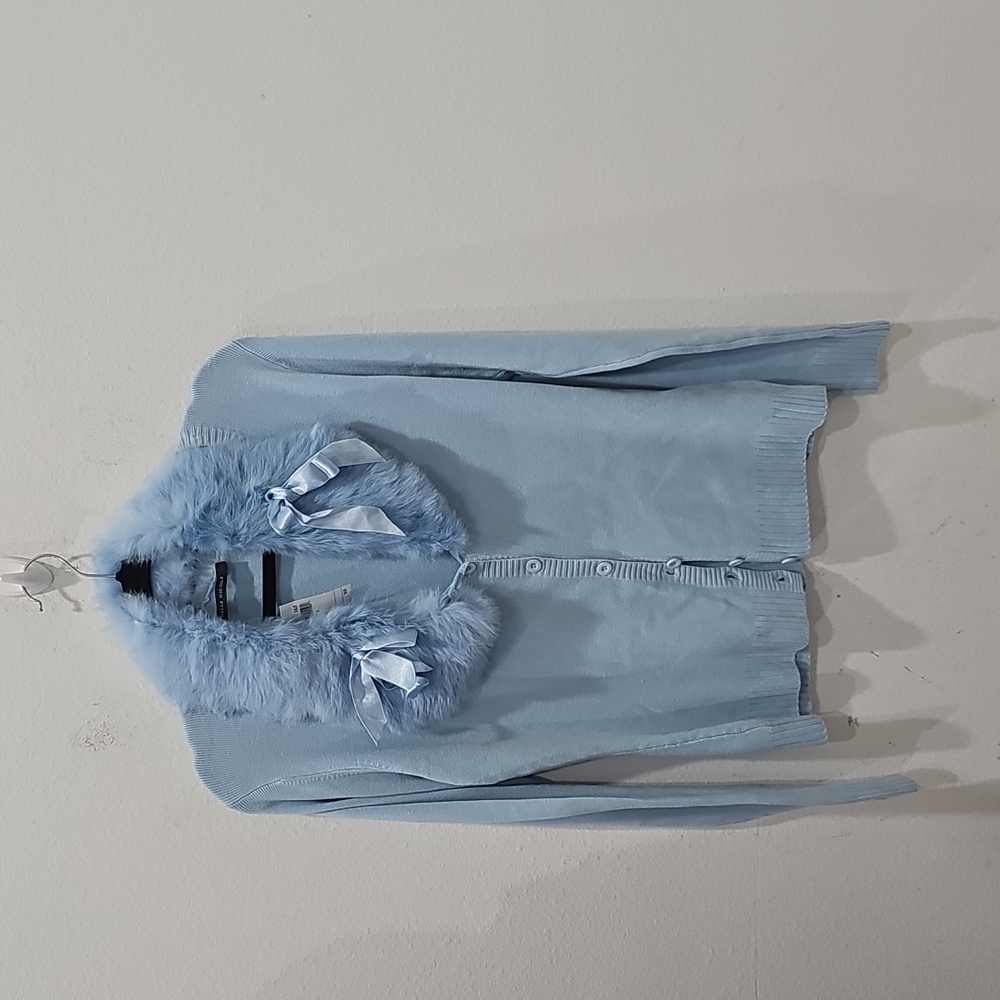 Michelle Nicole Light Blue cardigan with fur collar Size XL NWT
